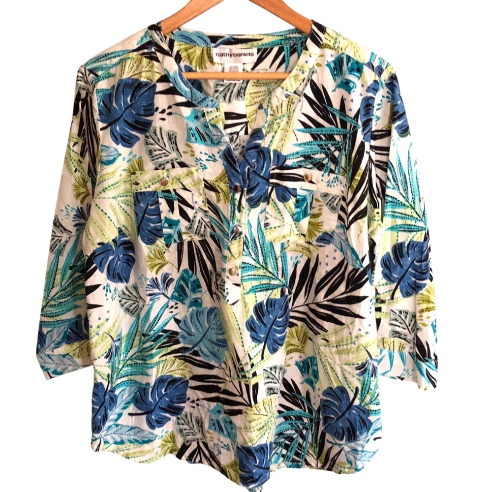 VTG Linen Blend Popover Blouse Top XL Cathy Daniels Palm Tropical Resort Retro - Picture 3 of 7